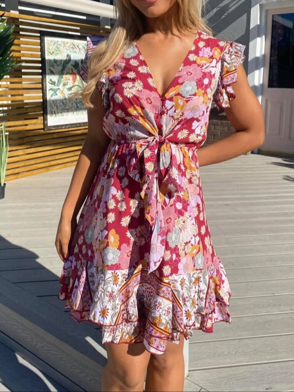 JAASE Wildflower Print Flower Child Mini Sundress Ruffled Cutout Tie Front XS